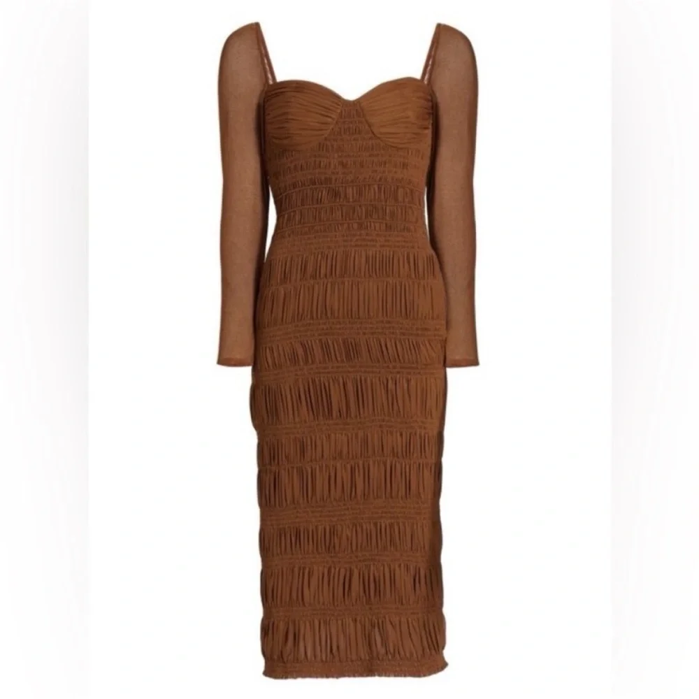 Self Portrait Midi Dress Shirred Mesh Long Sleeve Ruched Chocolate Brown Size 6 - Picture 4 of 13